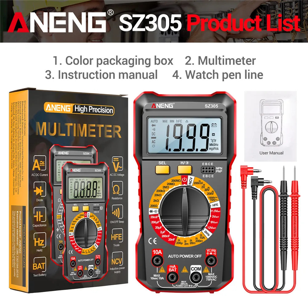 ANENG SZ305 1999 Count Professional Multimeter AC/DC Voltage Tester Ammeter Capacitor hFE Triode Hz Detector Electrician Tool