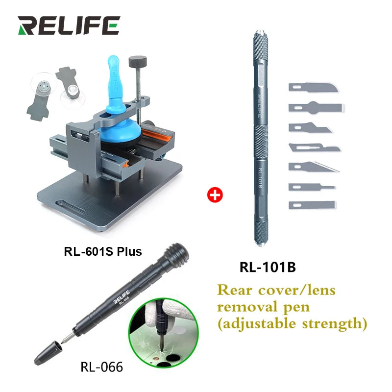 RELIFE-Herramienta de extracción de vidrio trasero RL-601S Plus, abrazadera giratoria fija de 360 °, 2 en 1, para reparación de teléfonos móviles