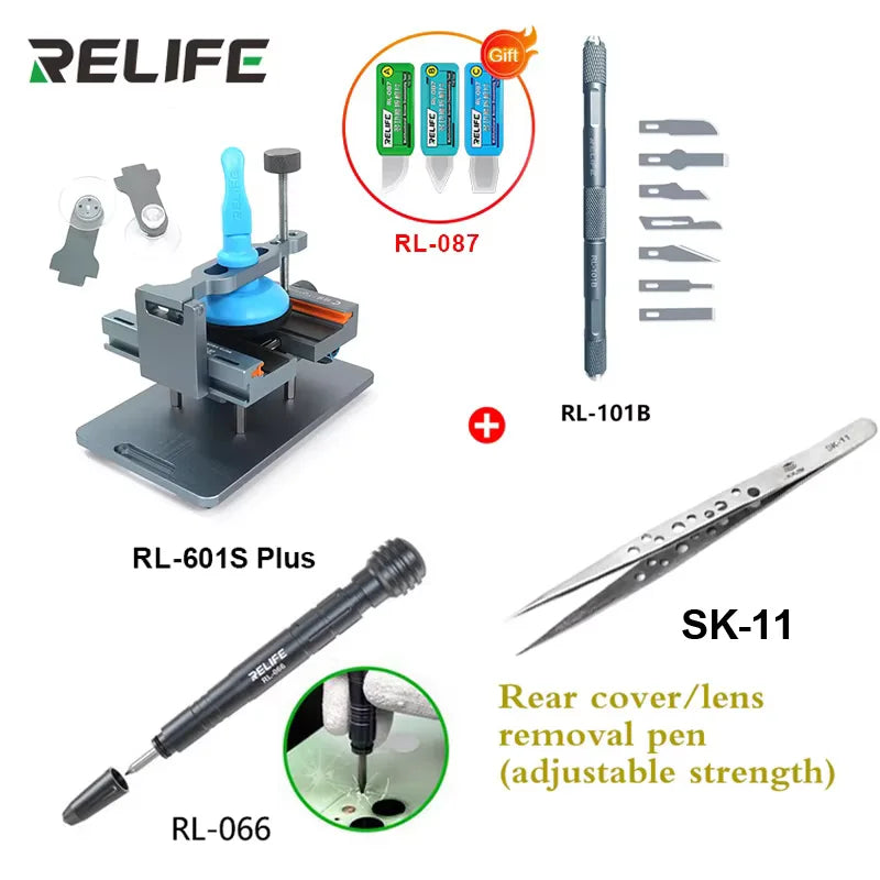 RELIFE-Herramienta de extracción de vidrio trasero RL-601S Plus, abrazadera giratoria fija de 360 °, 2 en 1, para reparación de teléfonos móviles