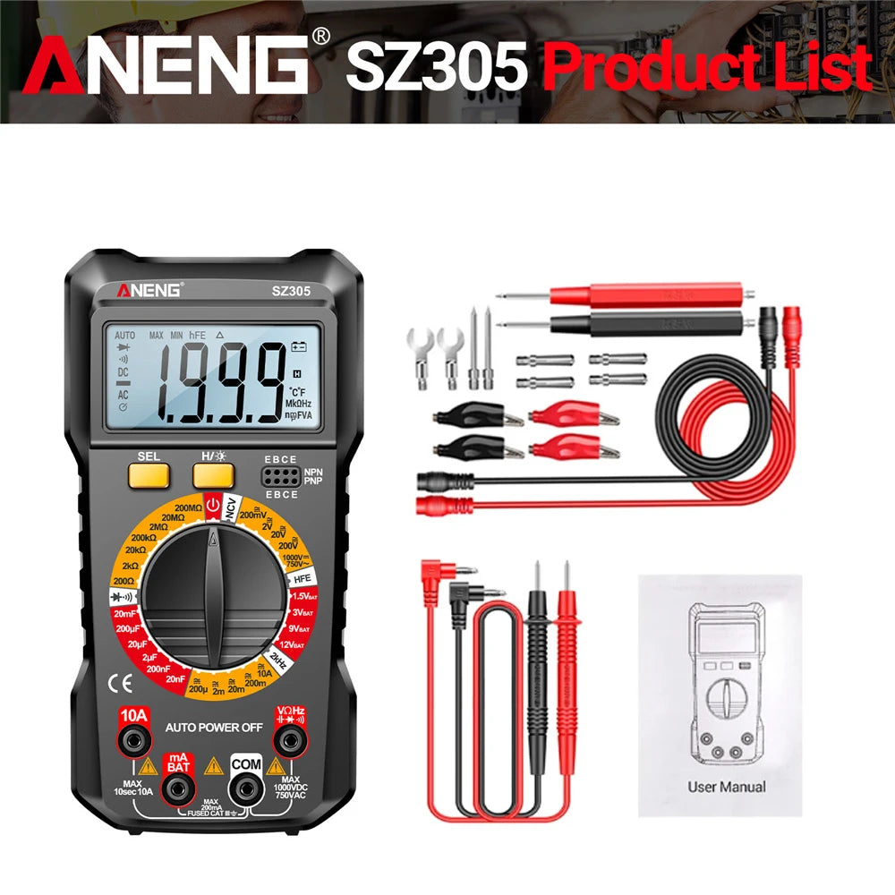 ANENG SZ305 1999 Count Professional Multimeter AC/DC Voltage Tester Ammeter Capacitor hFE Triode Hz Detector Electrician Tool