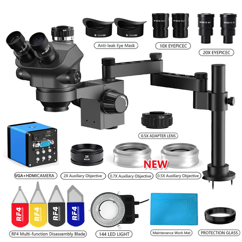 Juego de microscopio Trinocular estéreo simul-focal, 4K, 2K, 3,5 P, HDMI, VGA, USB, TF, abrazadera de cámara de vídeo, Base de extensión plegable, 1080-200X