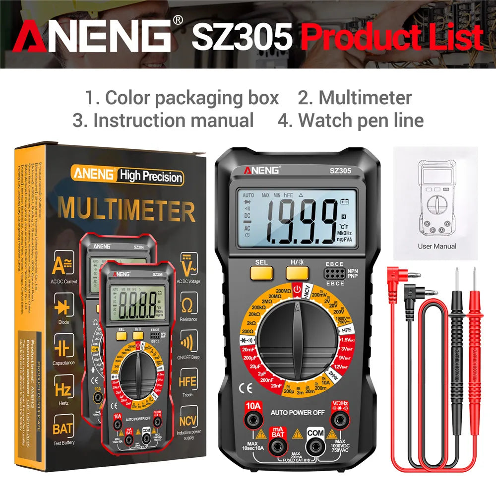 ANENG SZ305 1999 Count Professional Multimeter AC/DC Voltage Tester Ammeter Capacitor hFE Triode Hz Detector Electrician Tool