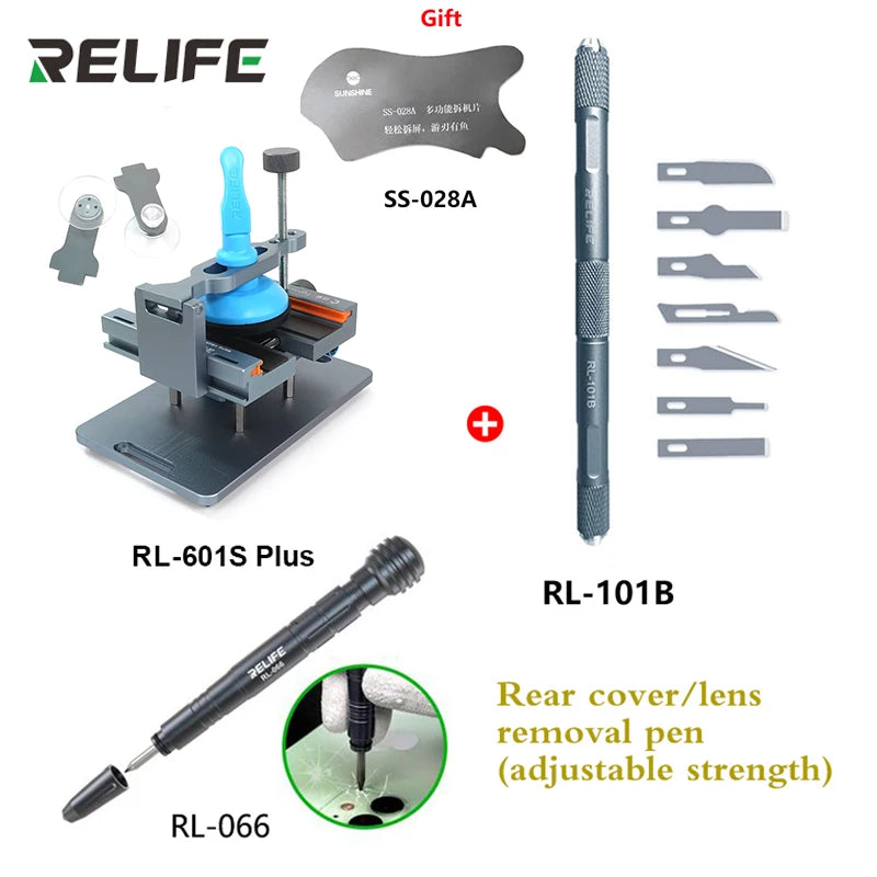 RELIFE-Herramienta de extracción de vidrio trasero RL-601S Plus, abrazadera giratoria fija de 360 °, 2 en 1, para reparación de teléfonos móviles