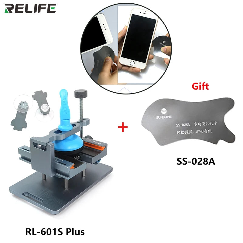 RELIFE-Herramienta de extracción de vidrio trasero RL-601S Plus, abrazadera giratoria fija de 360 °, 2 en 1, para reparación de teléfonos móviles