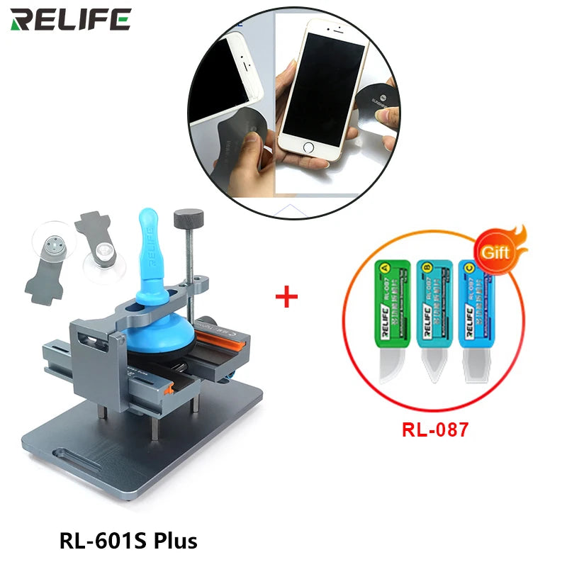 RELIFE-Herramienta de extracción de vidrio trasero RL-601S Plus, abrazadera giratoria fija de 360 °, 2 en 1, para reparación de teléfonos móviles