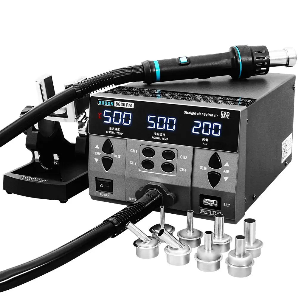 SUGON 8630Pro 1300W Hot Air Gun Digital Display BGA Rework Station Curved Nozzle Welding Repair Desoldering Station