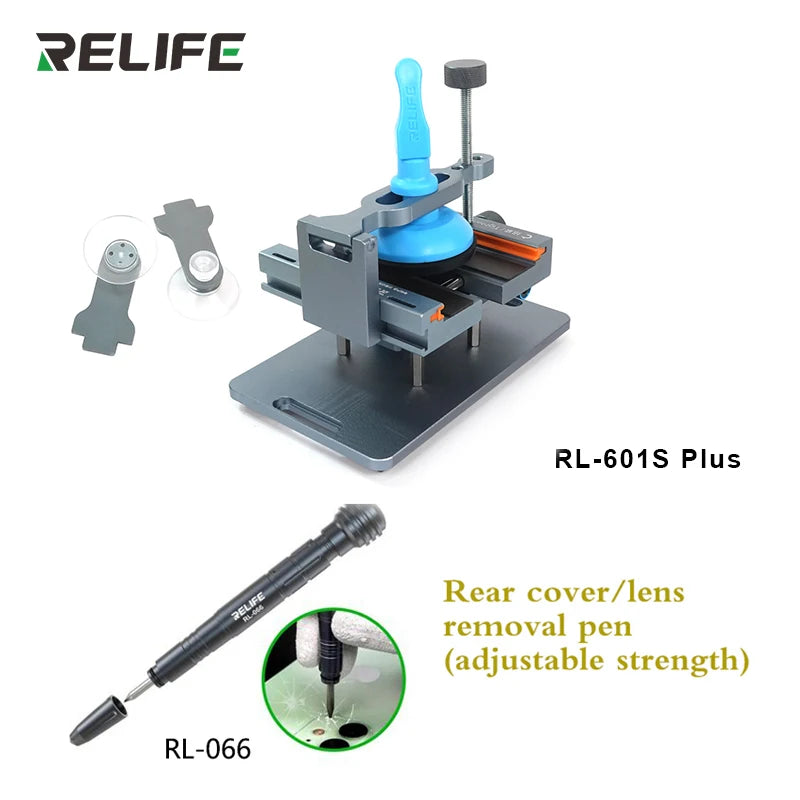 RELIFE-Herramienta de extracción de vidrio trasero RL-601S Plus, abrazadera giratoria fija de 360 °, 2 en 1, para reparación de teléfonos móviles