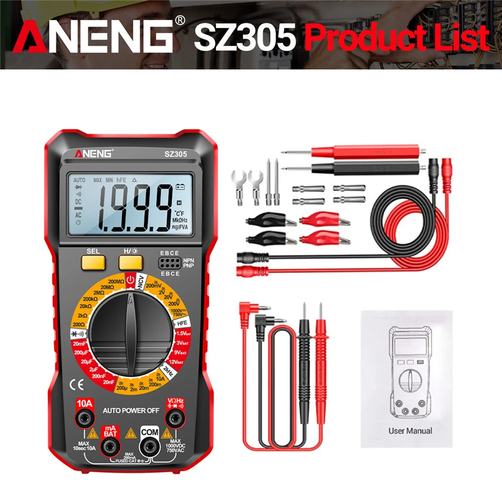 ANENG SZ305 1999 Count Professional Multimeter AC/DC Voltage Tester Ammeter Capacitor hFE Triode Hz Detector Electrician Tool