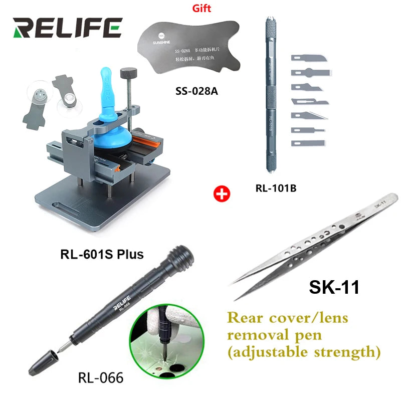 RELIFE-Herramienta de extracción de vidrio trasero RL-601S Plus, abrazadera giratoria fija de 360 °, 2 en 1, para reparación de teléfonos móviles