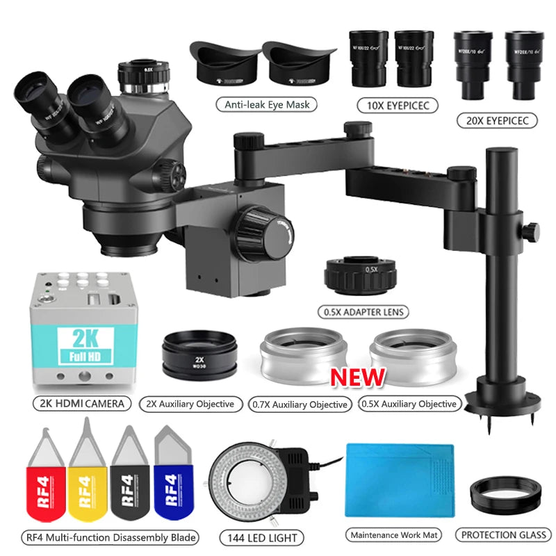 Juego de microscopio Trinocular estéreo simul-focal, 4K, 2K, 3,5 P, HDMI, VGA, USB, TF, abrazadera de cámara de vídeo, Base de extensión plegable, 1080-200X