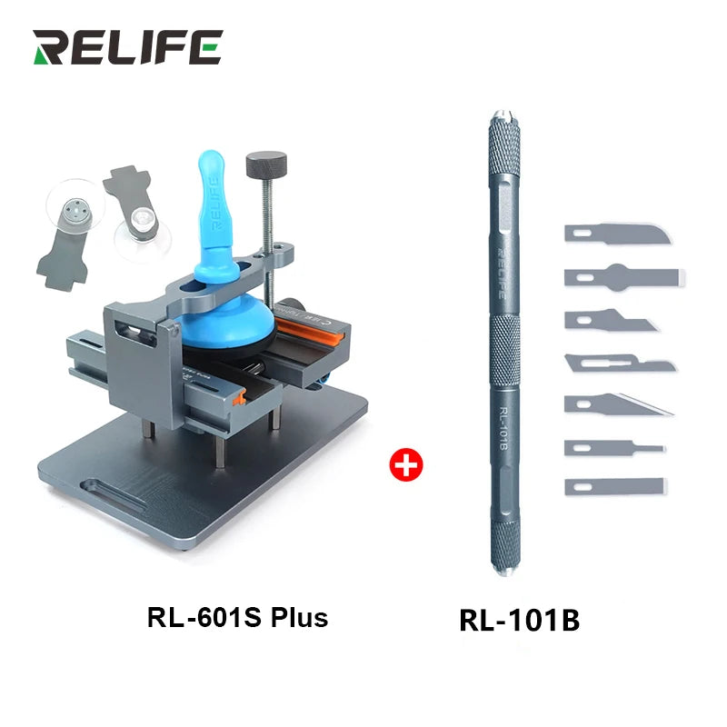 RELIFE-Herramienta de extracción de vidrio trasero RL-601S Plus, abrazadera giratoria fija de 360 °, 2 en 1, para reparación de teléfonos móviles