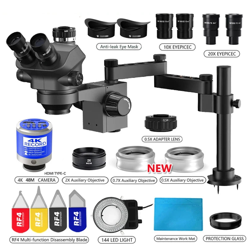 Juego de microscopio Trinocular estéreo simul-focal, 4K, 2K, 3,5 P, HDMI, VGA, USB, TF, abrazadera de cámara de vídeo, Base de extensión plegable, 1080-200X